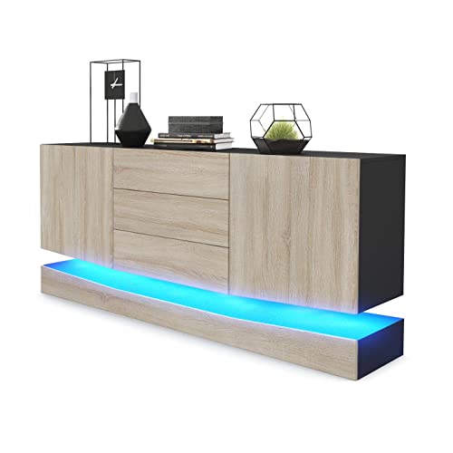 Vladon Sideboard City, Noir Mat/chêne Brut y Compris LED - Commode Moderne pour Votre Salon (178 x...