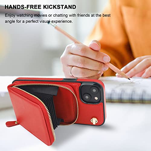 Kihuwey Crossbody Wallet Case For Iphone 14 Plus, Zipper Pocket Case With Card Holder, Pu Leather Rfid Blocking Protective Cover Case With Kickstand Detachable Wrist Strap Lanyard 6.7" (Red) #TOP4