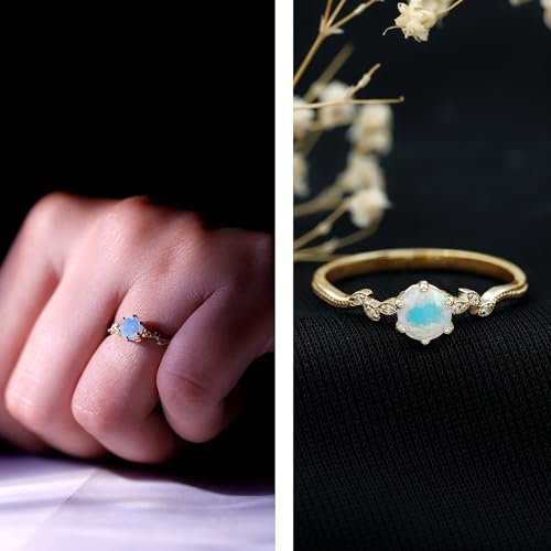Certified Opal Promise Ring with Diamond Leaf for Women, AAA Quality, Natural Opal Diamond Minimal Ring2