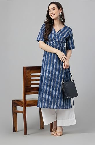 Image of Janasya Women's Navy Blue Pure Cotton Geometric Straight Kurta