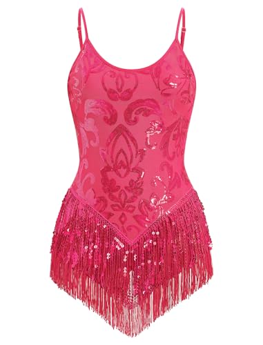 Sequin Fringe Bodysuit for Women Fringe Romper Sparkly Glitter Sequin Bodysuit Tassel Latin Dance Leotard Jazz Dance Costume Rave Outfits for Women Disco Rave Festival Outfits Hot Pink XS