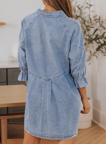 Sidefeel Womens Smocked 3 4 Sleeve Button Down Denim Jeans Dresses2
