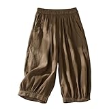 AKTCVVJ Linen Capri Pants Women Elastic Waist Work Pant Athletic Knee Length Pant Fashion Summer Capris with Pockets Coffee