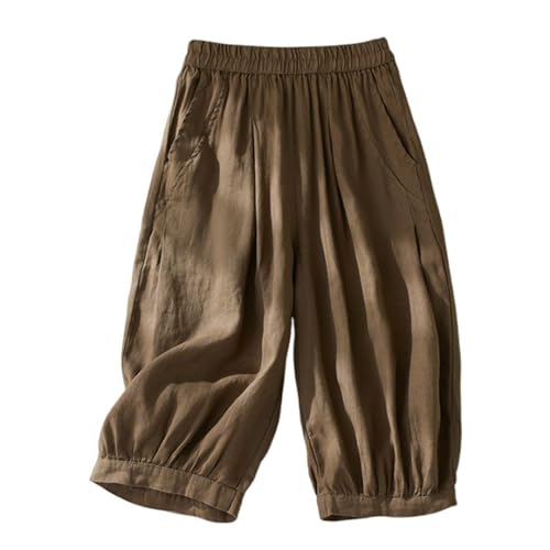 AKTCVVJ Linen Capri Pants Women Elastic Waist Work Pant Athletic Knee Length Pant Fashion Summer Capris with Pockets Coffee