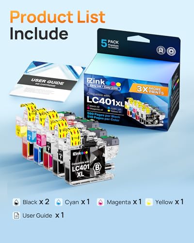 Image of E-Z Ink LC401XL Ink Cartridges for Brother Printer LC401 XL LC 401XL LC 401 | Compatible for Brother LC401 Ink Cartridges to use with MFC-J1010DW MFC-J1170DW MFC-J1012DW DCP-J1800DW (5 Pack-2B /1C /1M /1Y)