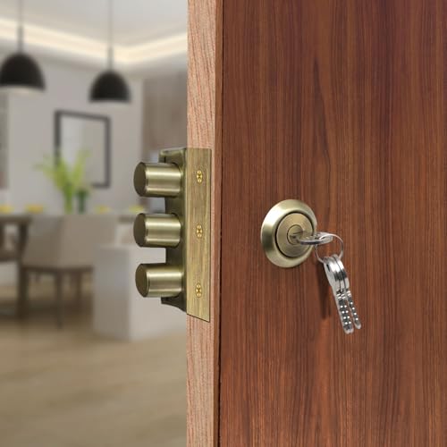Image of VOLO Heavy Duty Tri-Bolt Rim Lock - Secure Dead Lock with Keys for Main Door, Single & Double Doors, Left & Right-Handed Use - Ideal for Home & Office (Pack of 1) (MT-01 (Antique))