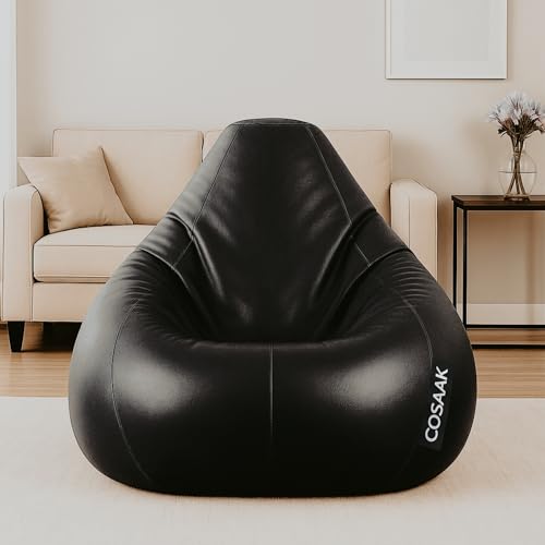 Image of Bean Bag Cover, Faux Leather, 66 x 86 x 112 cm, Indoor Gaming and Reading Chair (Black, XXL, Solid)
