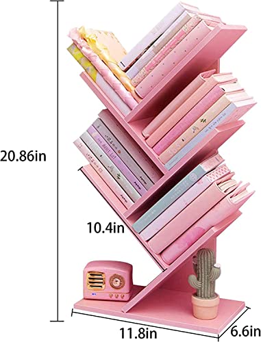 Lydia88 Tree Bookshelf，4-Layer Floor Standing Bookshelf，The Desktop Bookshelf Can Hold Books，Magazines, Cds And Photo Albums，Desktop Organizer，Office Storage Rack Real Wooden Bookshelf，Pink #TOP2