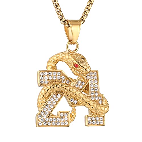 AsAlways 18K Gold Plated Memorial 24 Legend Basketball Number Pendant Inlay CZ Hip Hop Rock Punk Totem Amulet Charm Snake Necklace Gift Jewelry