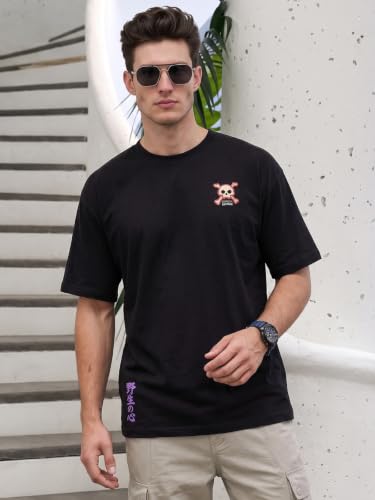 Image of Veirdo Men Bold Front & Back Printed Oversized Fit T-Shirt for Men, Cotton Fabric, Drop-Shoulder Streetwear Casual Graphic Tee, Stylish & Comfortable (OS VD UNTM BRN S)