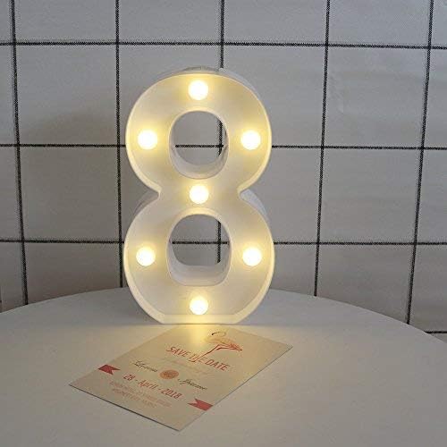 Pooqla Decorative Led Light Up Number Letters, White Plastic Marquee Number Lights Sign Party Wedding Decor Battery Operated Number (8)