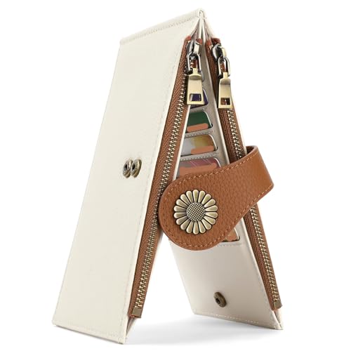 aurrako Leather Silm Wallets for Women RFID Blocking with Zipper Pocke Credit Card slots Long And Flat Design Travelambo Wallet-Large Size (White)