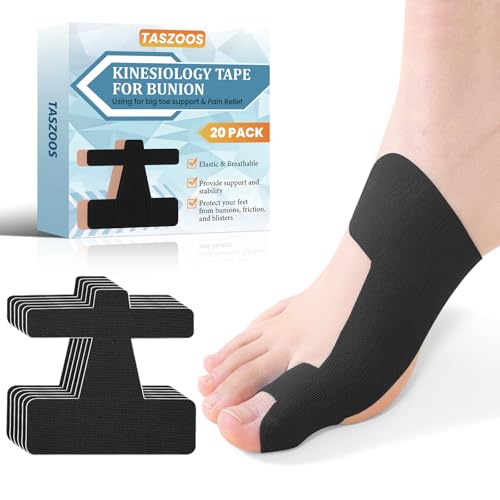 Kinesiology Tape for Bunion, 20 Pcs Pre-Shaped Athletic Tape – Breathable Comfortable Foot Tape for Discomfort Relief & Big Toe Joint Support for Walking, Running, Standing (Black)