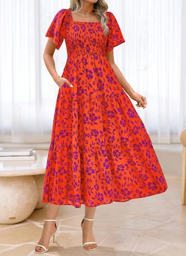 BTFBM Maxi Floral Dress for Women 2025 Summer Boho Short Sleeve Smocked Flowy Beach Vacation Fall Wedding Guest Dresses3