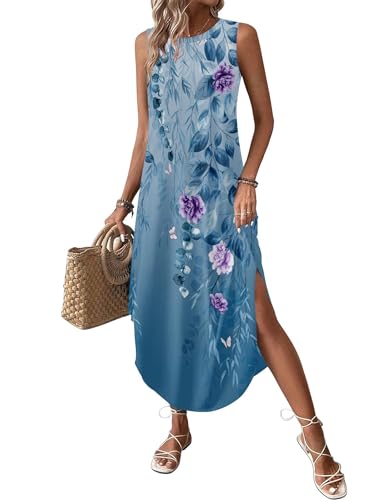 Image of Zeagoo Women Floral Summer Casual Beach Printed Tank Dress with Pockets Pleated Front Long Dress