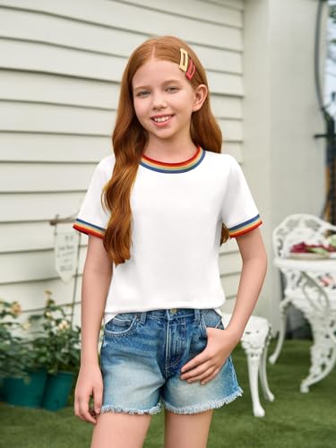 Image of Haloumoning Girls Short Sleeve T-Shirts Summer Rainbow Tops 5-14 Years | Kids Basic Tees, Rainbow Trim Ringer Tees, Crewneck Tops, Casual, Loose Fit