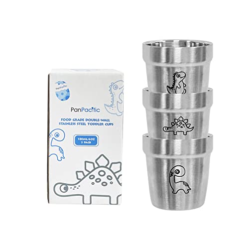 PanPacific Kinderbecher Set (180ml) 3 Arten von Dinosauriermustern Edelstahl Becher doppellagiger für Jungen und Mädchen Metall Trinkbecher Kinder Camping Tasse Outdoor Wandern Kaffeebecher