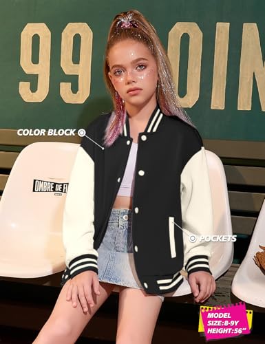 Girls Varsity Bomber Jacket Casual Button Lightweight Sweatshirt Baseball Color Block Jacket Outwear With Pockets4