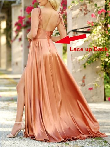 Spaghetti Straps Satin Prom Dresses Long A-Line Formal Evening Gowns with Split2
