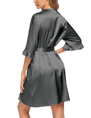 Image of Ekouaer Women's Satin Robe Valentines Lingerie for Women Kimono Bathrobe Short Ruffle Belted Robes Bridesmaids Sleepwear