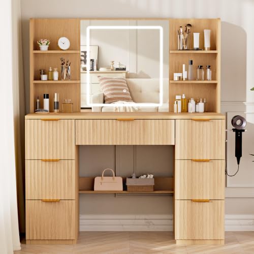 Image of LIVELYGLOW 43 inch Large Natural Wood Makeup Vanity Desk with Charging Station | Fluted Design, Smart LED Mirror, Hairdryer Holder, 7 Drawers