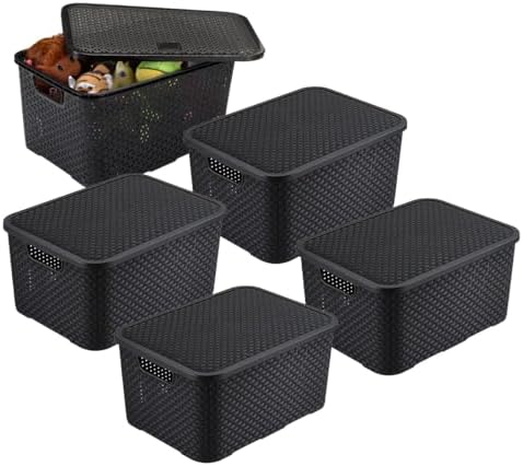 Kit 5 Caixa Organizadora Cesto Rattan C/Tampa, 7 Litros, Preta