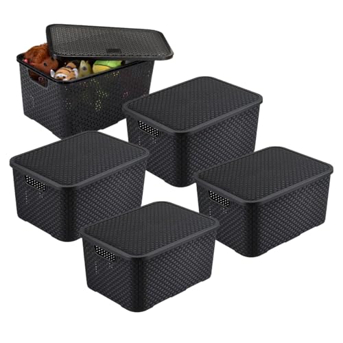 Kit 5 Caixa Organizadora Cesto Rattan C/Tampa, 7 Litros, Preta