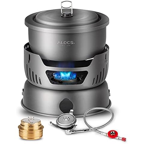 ALOCS Camping Cookware Set, 11 Piece Lightweight Camping Cooking Set with Alcohol Stove & Gas Stove Burner, Portable & Durable Camping Pot Camping Gear for Camping, Hiking & Outdoor Picnics Cover