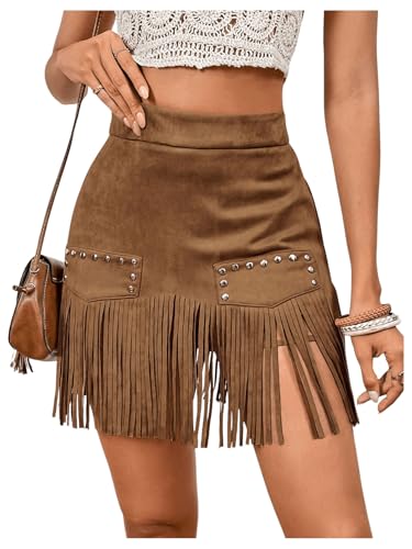 MakeMeChic Women's Faux Suede Fringe Hem Mini Skirt Studded Tasse...