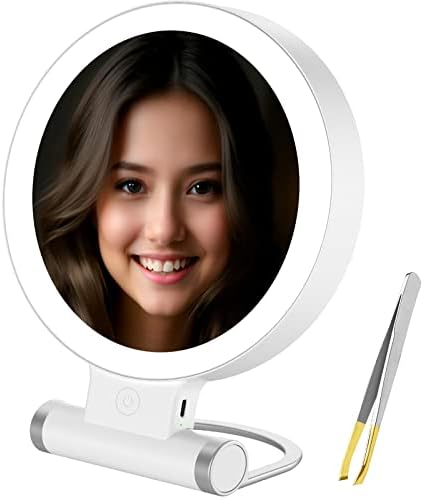Facegra 10x Magnifying Mirror with Light, Portable 2 Sided Lighted Makeup Mirror with Rechargeable Battery, Small Led Travel Vanity Mirror with Foldable Stand for Desk Tabletop, Bonus 1 Tweezers