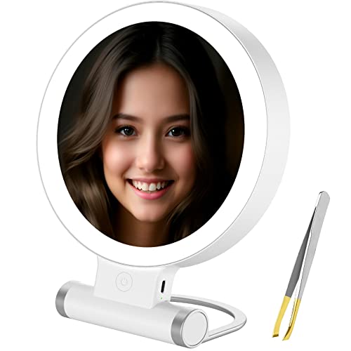 Facegra 10X Magnifying Mirror With Light, Portable 2 Sided Lighted Makeup Mirror With Rechargeable Battery, Small Led Travel Vanity Mirror With Foldable Stand For Desk Tabletop, Bonus 1 Tweezers #TOP5