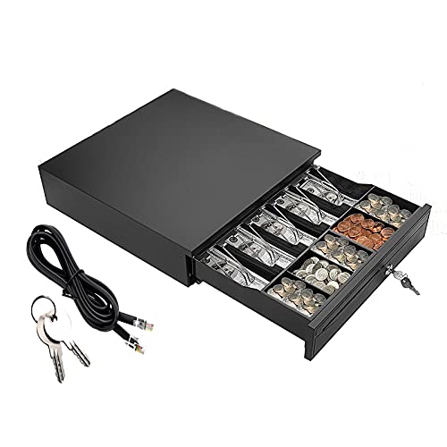 Cash Box Money Till Drawer with 5 Bill 5 Coin Removable Trays, Cash Register Drawer Auto Manual Open, Key-Lock RJ11 Adjustable Removable Cash Tray Till