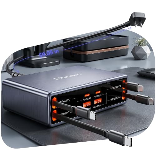 Image of 8-in-1 Charging Station for Multi Device,Fast Charger Retractable 65W Cable | 105W Retractable Charger,Retractable Charging Station for iPhone 17,Galaxy S26,Laptops,Tablet,Home Office,Desktop Accessories