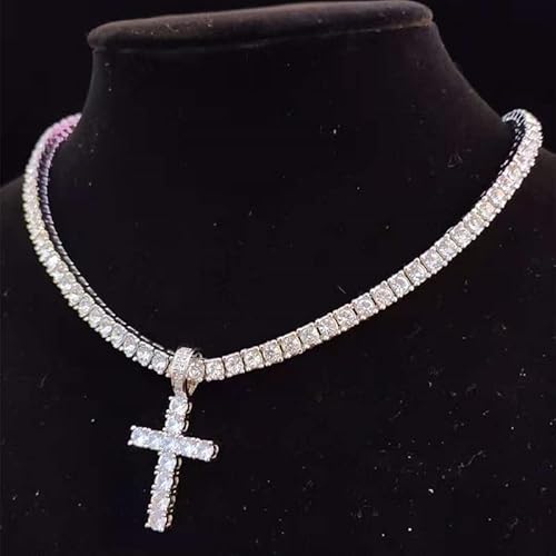 HUYHOAT Men Women Hip Hop Cross Pendant Necklace with 4mm Zircon Tennis Chain Iced out Bling Necklaces HipHop Jewelry Fashion Gift (silver tennis chain-20inch)