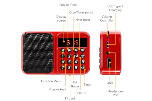 Image of Fire Turtle Fire Turtle Portable Bluetooth FM Radio Speaker with 6W HD Sound, Type-C Fast Charging, 12 Hours Playback, USB, TF Card, AUX Input, Number Keypad, Music Player for Home, M7 Red