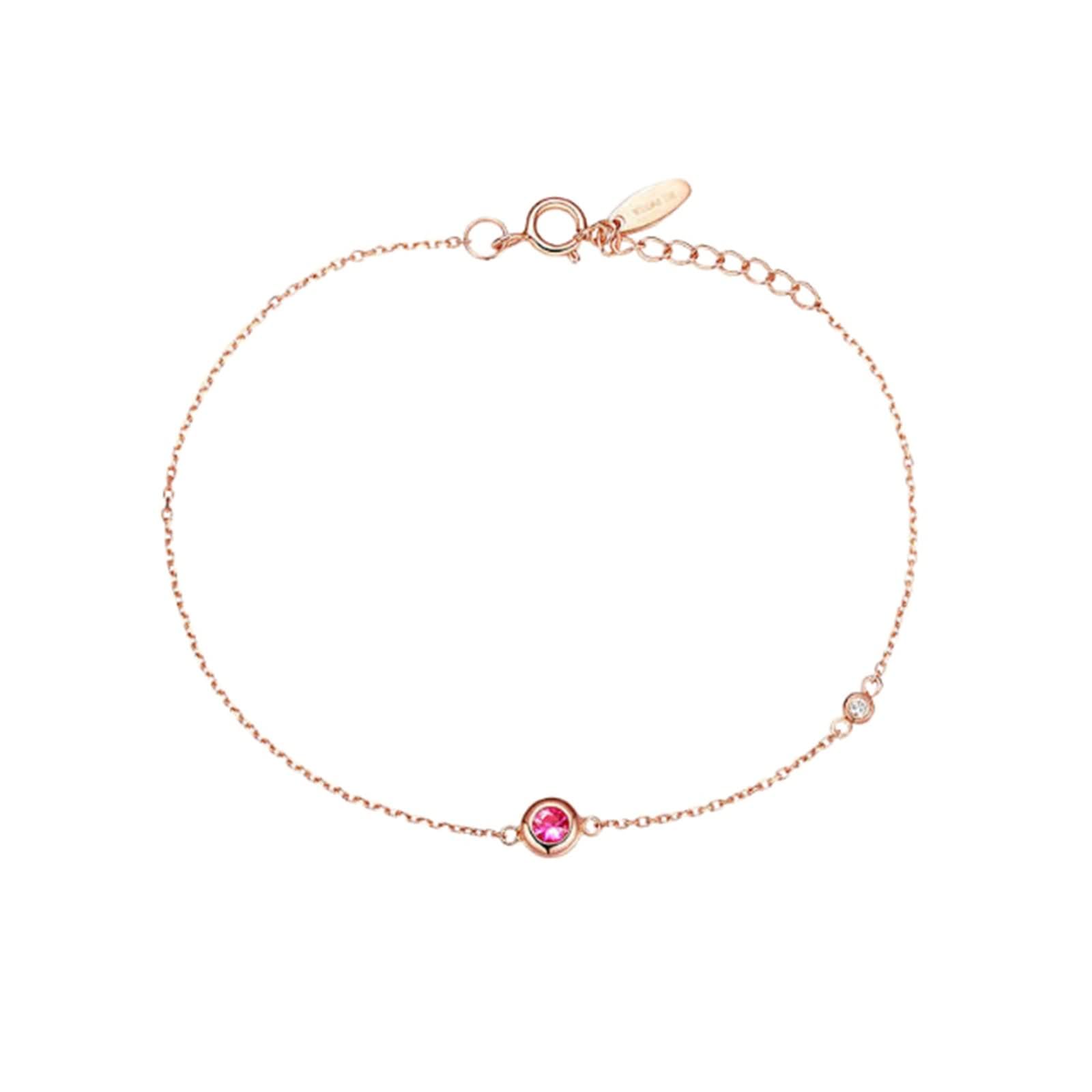 Pulseras Oro Rosa Mujer 9Kilates / 14Kilates / 18Kilates, Redondo con Rubí y Diamante, Cadena Extensible 16 CM + 5 CM, Pulseras Mujer de Oro Rosa
