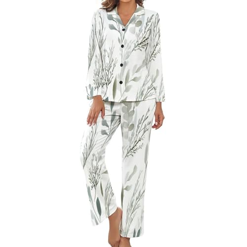Pyjama femme col revers imprimé paysage de plantes au fini raffiné