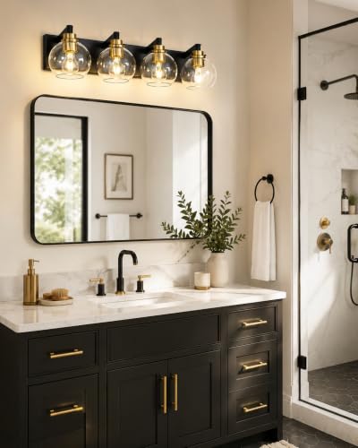 Image of Bathroom Light Fixtures, 4-Light Black and Gold Bathroom Vanity Light, 26 Inch Modern Wall Sconces with Globe Clear Glass Shade, Vanity Lighting Fixtures Over Mirror, VL195-KG-4