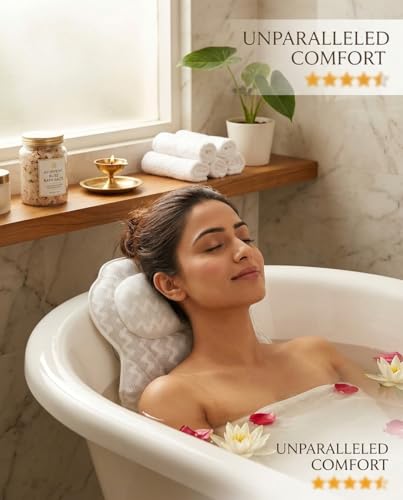 Image of Premium Bath Pillow with 6 Strong Suction Cups, Soft Mesh Neck and Back Support, Ergonomic Tub Pillow for Relaxing Bath, White by Texco International