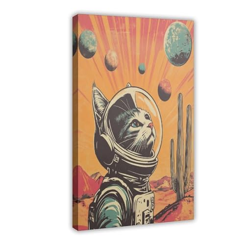 Impression sur toile chat astronaute rétro - Tableau déco 30x45 cm