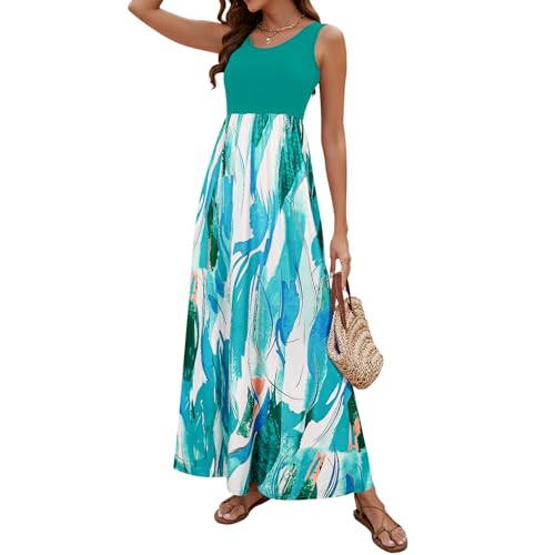 Image of Sherosa Women Boho Chevron Striped Floral Printed Summer Sleeveless Tank Long Maxi Party Dress