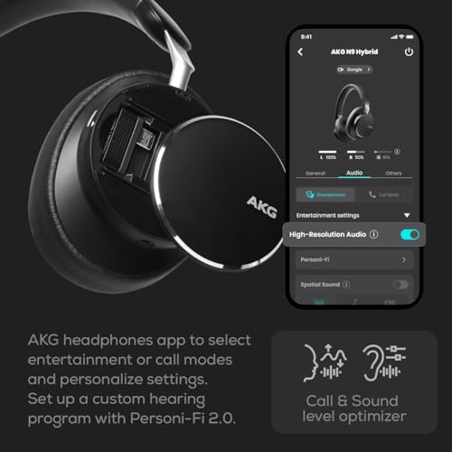 AKG N9 Hybrid Over-Ear Casque – Son cristallin sans Fil, True Adaptive Noise Cancelling, Qualité d’Appel certifiée Zoom, 100h d’autonomie, Bluetooth, USB-C, Noir