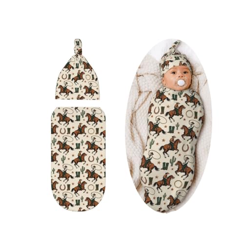 Image of Lcokin Western Cowboy Baby Stuff Swaddle Blanket with Hat, Newborn Receiving Blanket