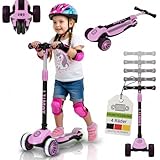JUSKYS® Kinderroller Lumox Rosa - LED-Rollen mit 4-Farb-Blinkeinstellung, höhenverstellbarer Kinderscooter, klappbar & Hinterradbremse, Dreiradscooter