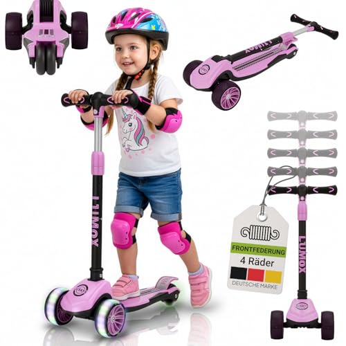 JUSKYS Kinderroller Lumox Rosa - LED-Rollen mit 4-Farb-Blinkeinstellung höhenverstellbarer Kinderscooter klappbar & Hinterradbremse Dreiradscooter