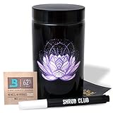 Shrub Club - Smell-Proof Stash Jar, Black Glass with UV Protection, Half Oz (250ml) Airtight Herb Container with Labelling Pen, Odor-Proof Bag and 2-Way Humidity Pack (Lotus)