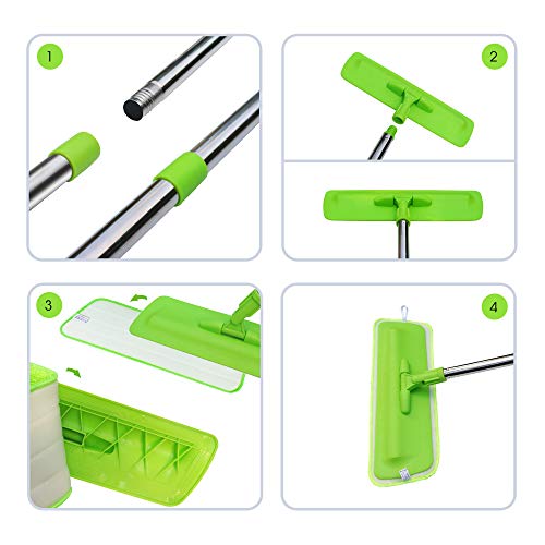 Phyex Microfiber Floor Mop For Wood, Walls, Kitchen, Wet Or Dry Use, 4 Pcs Washable Reusable Mop Pads Green, Flexible Mop Head, Long Handle #TOP4