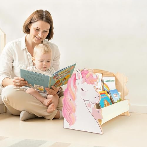 Image of Toddler Bookshelf Double-Sided with 4 Tier Deep Sleeves Kids Wooden Montessori Book Rack for Baby Nursery Room, Playroom, Classroom or Bedroom Bookcase Storage Organizer, Pink Unicorn