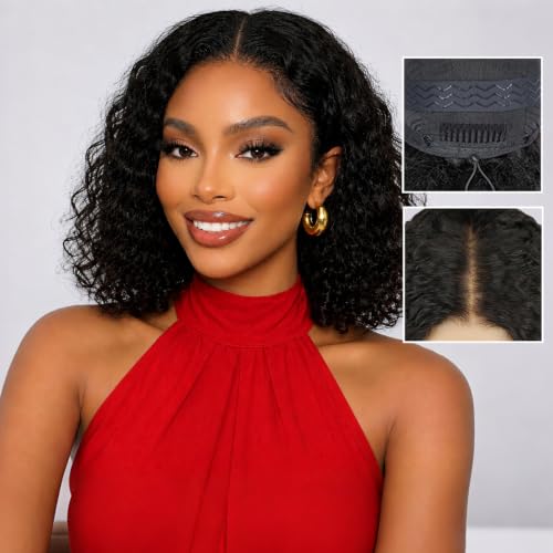 Kkioor Curly Bob Glueless Wig Human Hair 2x6 HD Lace Front Wigs Human Hair Pre Plucked 3 in 1 Shaggy Wear and Go 180 Density Deep Wave Short Bob for Women Natural Color 12 Inch