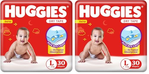 Image of Huggies Dry Tape | Adjustable Tape Style Diapers, Large (L) Size (9-14 Kgs), Pack of 60 | Up To 2X Faster Absorption, Up To 12 Hours Overnight Absorption